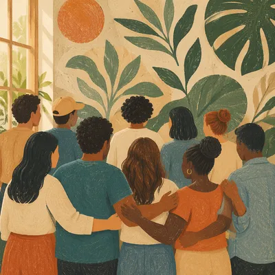 Multicultural Fellowship Before Green Botanical Mural