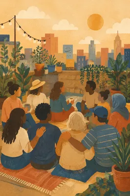 Multicultural Community Gathering at Sunset Rooftop