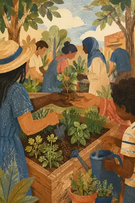 Multicultural Community Gardening Together at Sunrise