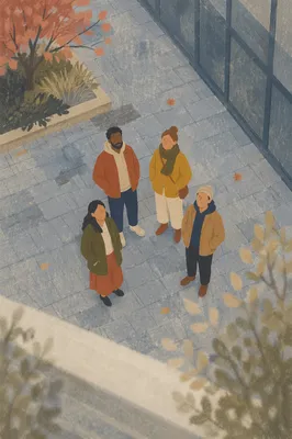 Multicultural Friends Looking Up in Courtyard