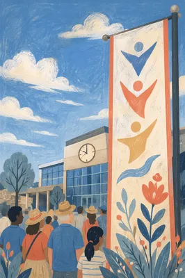 Multicultural Togetherness Banner Outside Civic Building