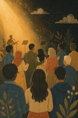 Diverse Group in Dim Worship Hall