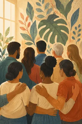 Multicultural Fellowship Before Green Botanical Mural