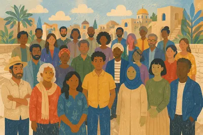 Multicultural Community Gathered in Urban Courtyard