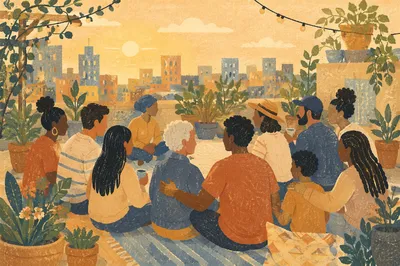 Multicultural Community Circle at Sunset Rooftop