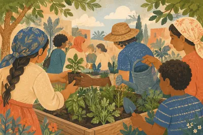Multicultural Community Gardening Together in Morning Light