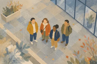 Multicultural Friends Looking Up in Courtyard