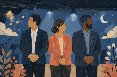 Multicultural Professionals Standing Together at Night Stage