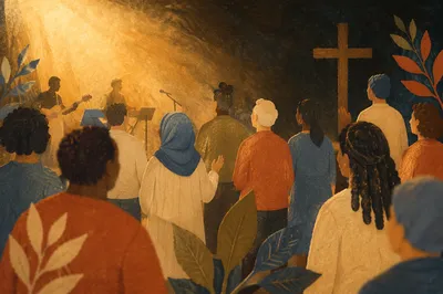 Multicultural Group in Dim Worship Hall