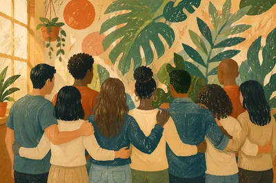 Multicultural Fellowship Before Green Botanical Mural