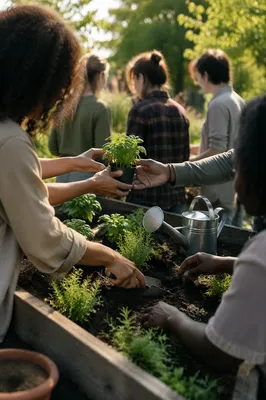 Multicultural Community Gardening Together in Morning Light