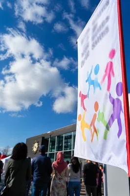 Multicultural Togetherness Banner Outside Civic Building