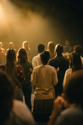 Multicultural Group in Dim Worship Hall