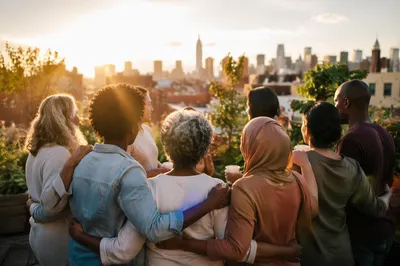 Diverse Friends Gathering on Rooftop Garden