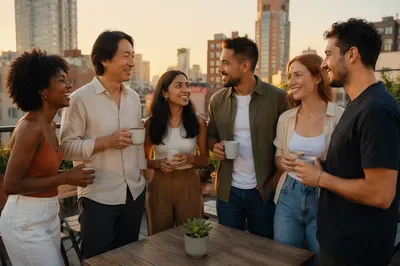 Multicultural Friends Gathering on Sunny Rooftop Terrace