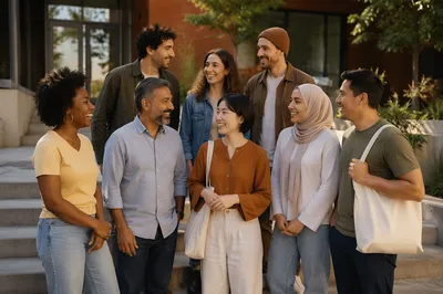 Diverse Adults Gathering at Urban Courtyard