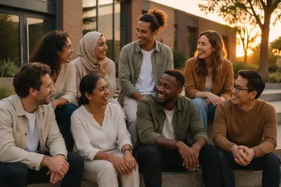 Diverse Adults Gathering at Urban Courtyard