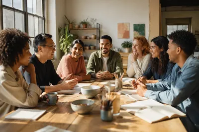 Diverse Adults Laughing Around Wooden Table