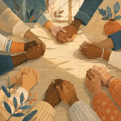 Diverse Hands Joined in Prayer Circle