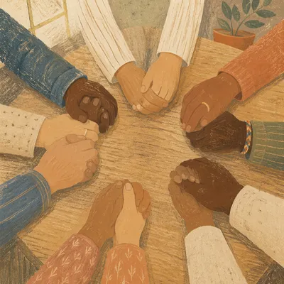 Diverse Hands Joined in Prayer Circle