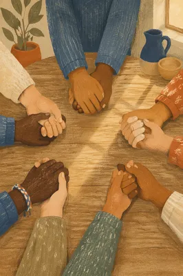 Diverse Hands Joined in Prayer Circle
