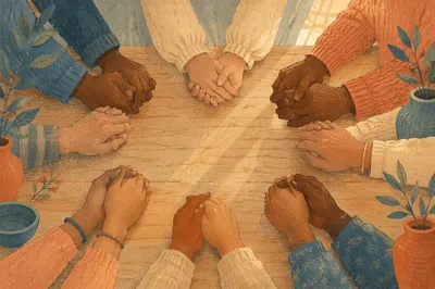 Diverse Prayer Circle Around Wooden Table