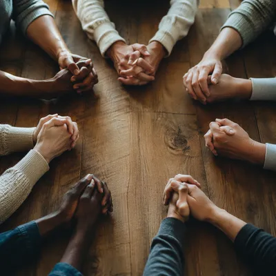 Diverse Prayer Circle Around Wooden Table