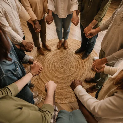 Diverse Prayer Circle Hands in Morning Light
