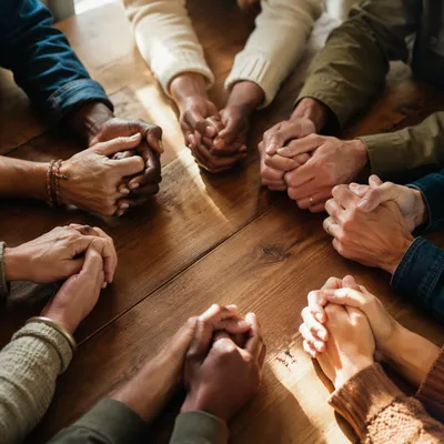 Diverse Hands Joined in Prayer Circle