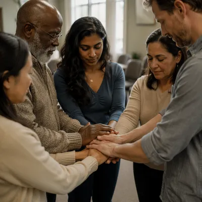 Diverse Adults Joining Hands in Prayer