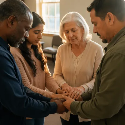 Diverse Prayer Circle at Sunrise