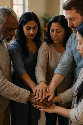 Diverse Adults Joined in Prayer Circle
