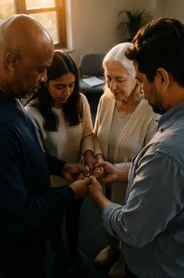 Diverse Prayer Circle at Sunrise Indoors