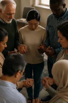 Diverse Adults Joined in Prayer Circle