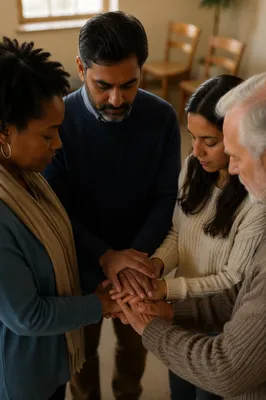 Diverse Adults Joined in Prayer Circle