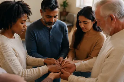Diverse Adults Holding Hands in Prayer Circle