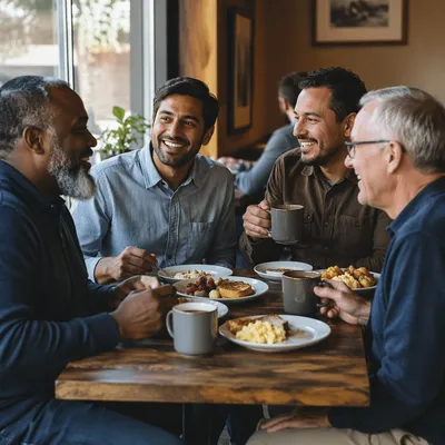 Four Men Sharing Breakfast at Cafe