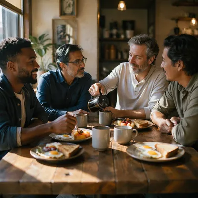 Four Men Sharing Breakfast in Cafe