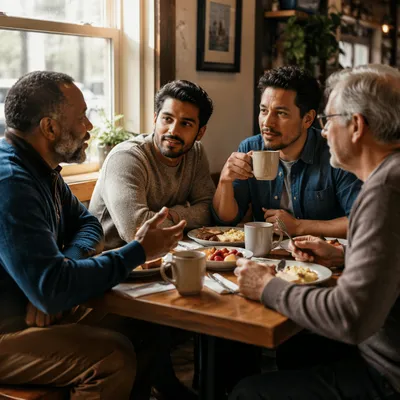 Four Men Sharing Breakfast at Cafe