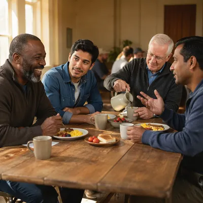 Four Men Sharing Breakfast Conversation