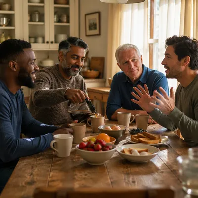 Four Men Sharing Breakfast Conversation