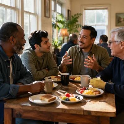 Four Men Talking Over Breakfast Table