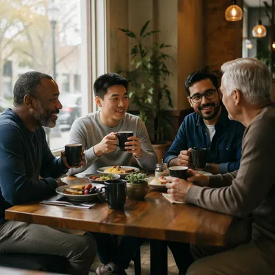 Four Men Sharing Breakfast at Cafe