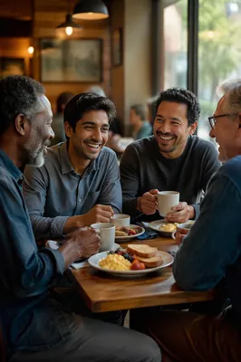 Four Men Sharing Breakfast at Cafe