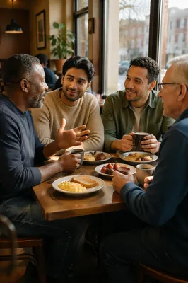 Four Men Talking Over Cafe Breakfast
