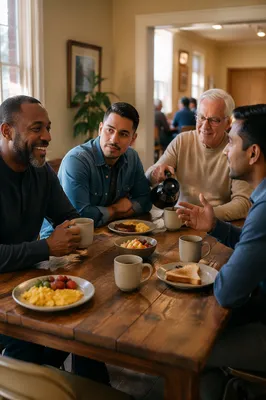 Four Men Sharing Breakfast Conversation