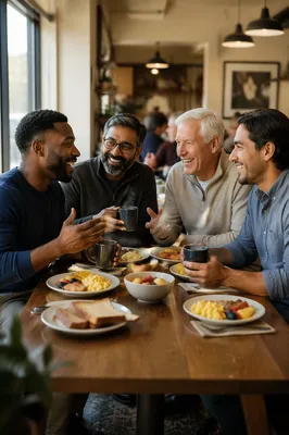 Four Men Sharing Breakfast at Cafe