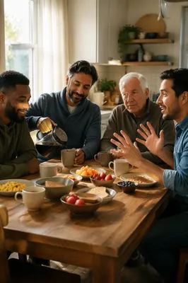 Four Men Sharing Breakfast Conversation Together