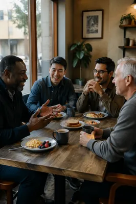 Four Men Talking Over Cafe Breakfast