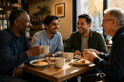 Four Men Sharing Breakfast at Cafe